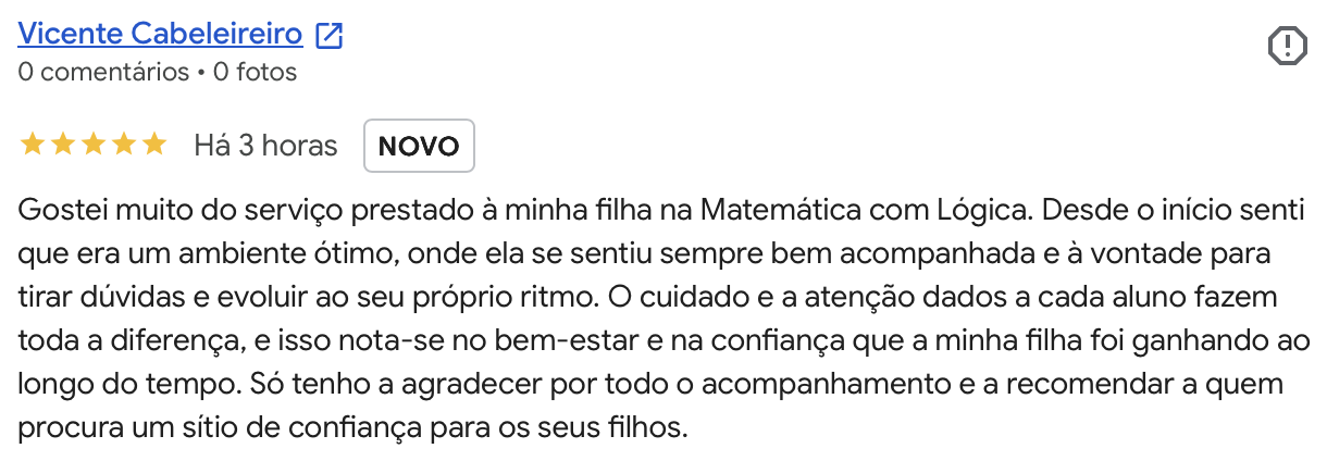 Avaliacao Google 5 estrelas de Vicente Cabeleireiro: a filha sentiu se sempre bem acompanhada e a vontade para tirar duvidas.